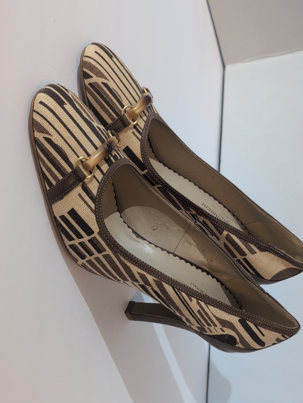 VTG Sz10 Franco Barbieri Brown & Cream Patterned, Horsebit DTL Women's Heels
